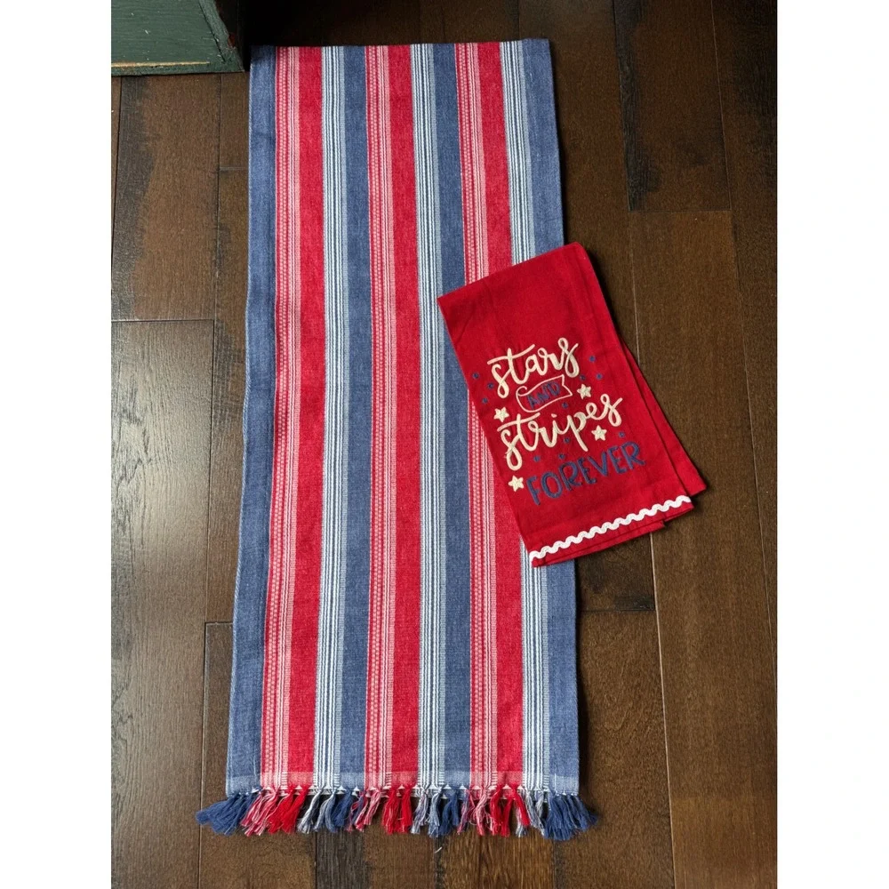 Pier 1 Table Runner & Towel Set 15x72 Red Blue  Patriotic Americana never used